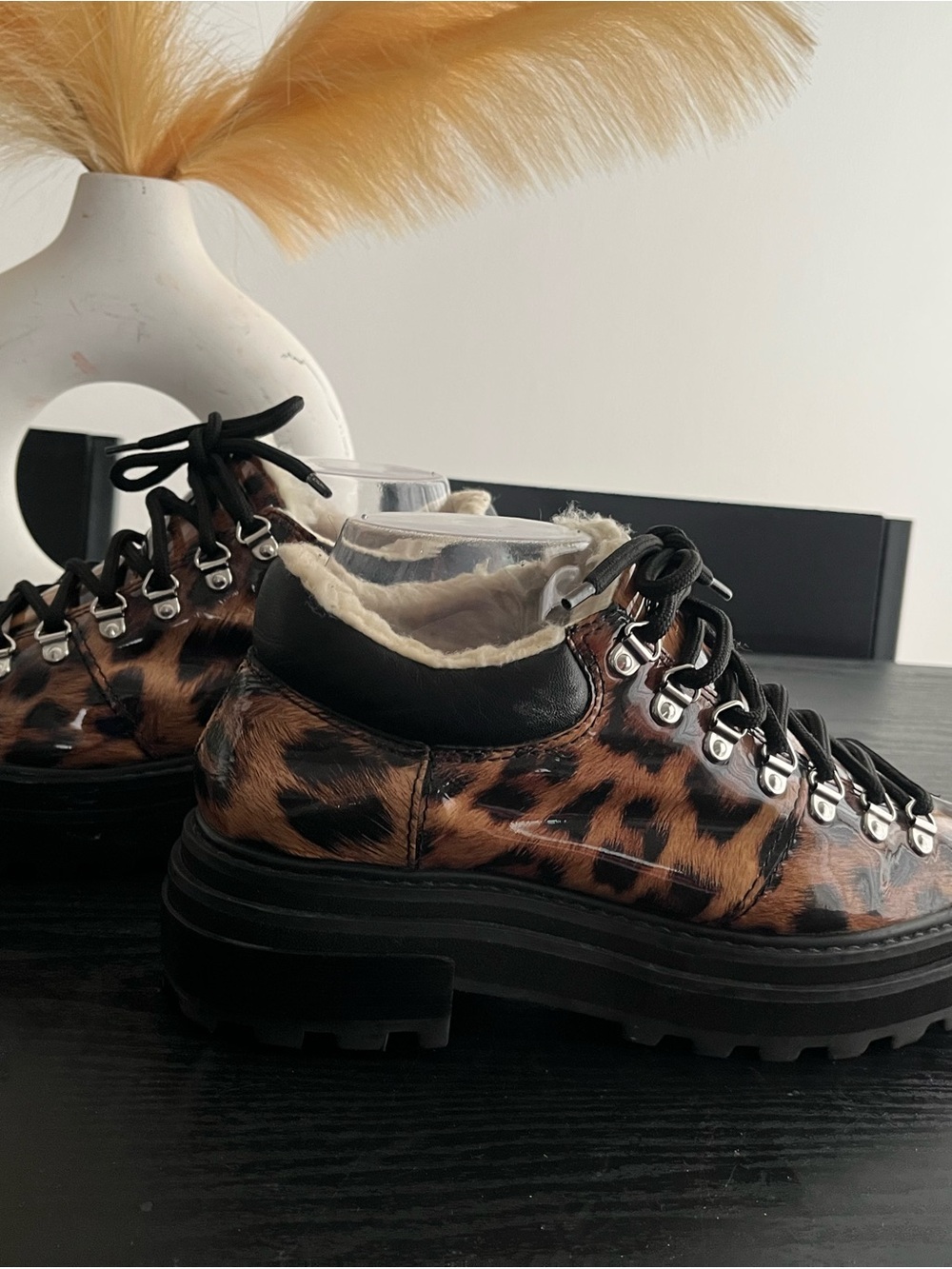 SCHUTZ Leopard-Print Faux Fur Lined Combat Boots - Black & Brown- Women's size 9